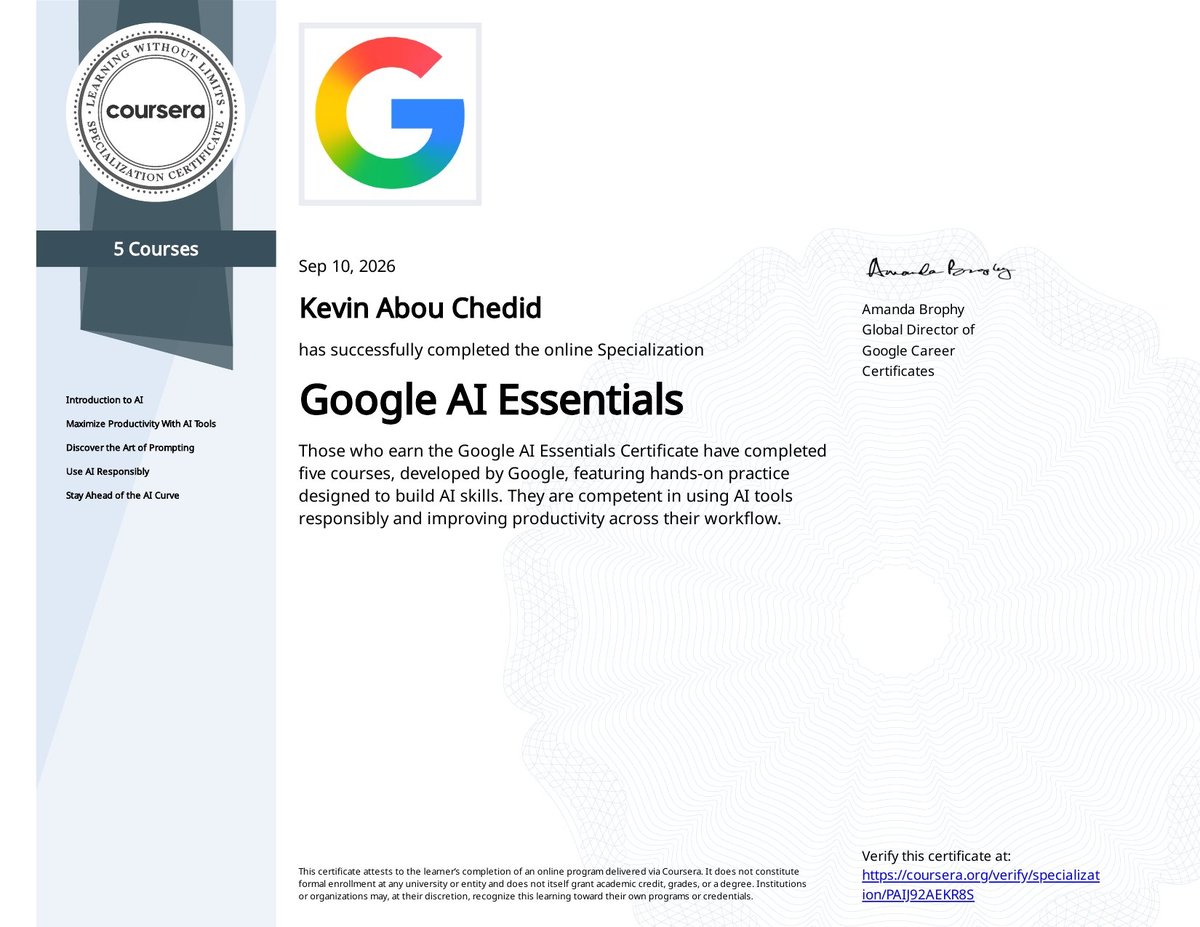 Google AI Essentials specialization certificate from Coursera