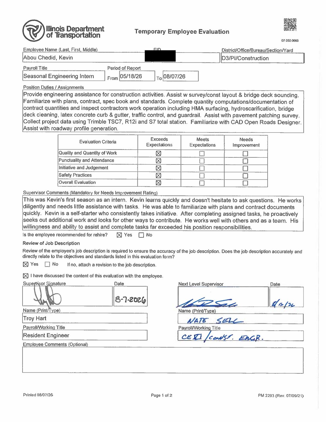 IDOT temporary employee evaluation, rated Exceeds Expectations across all categories