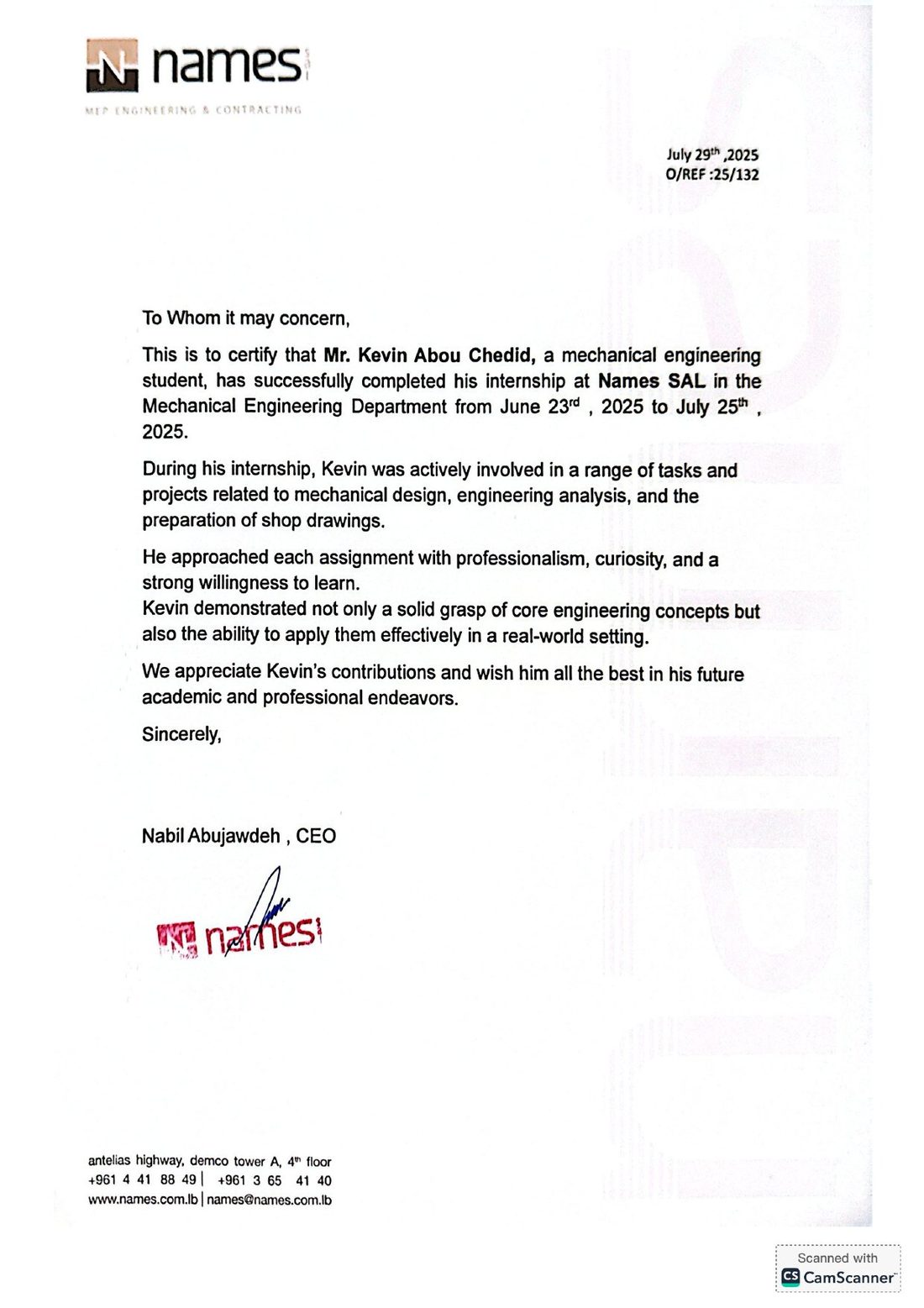 Letter of recommendation from Names SAL