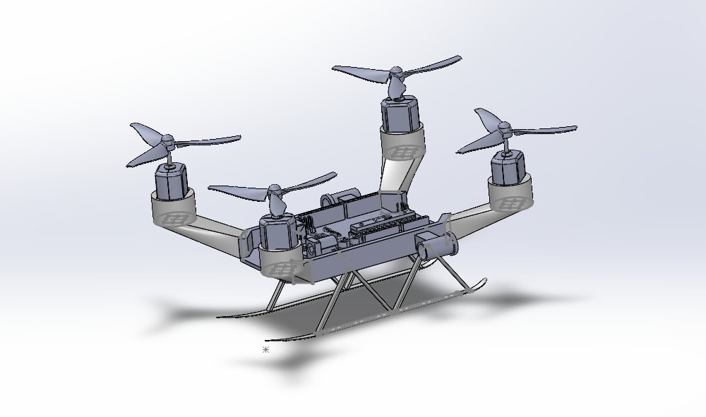 SolidWorks assembly of the ski drone with four rotors and ski landing gear