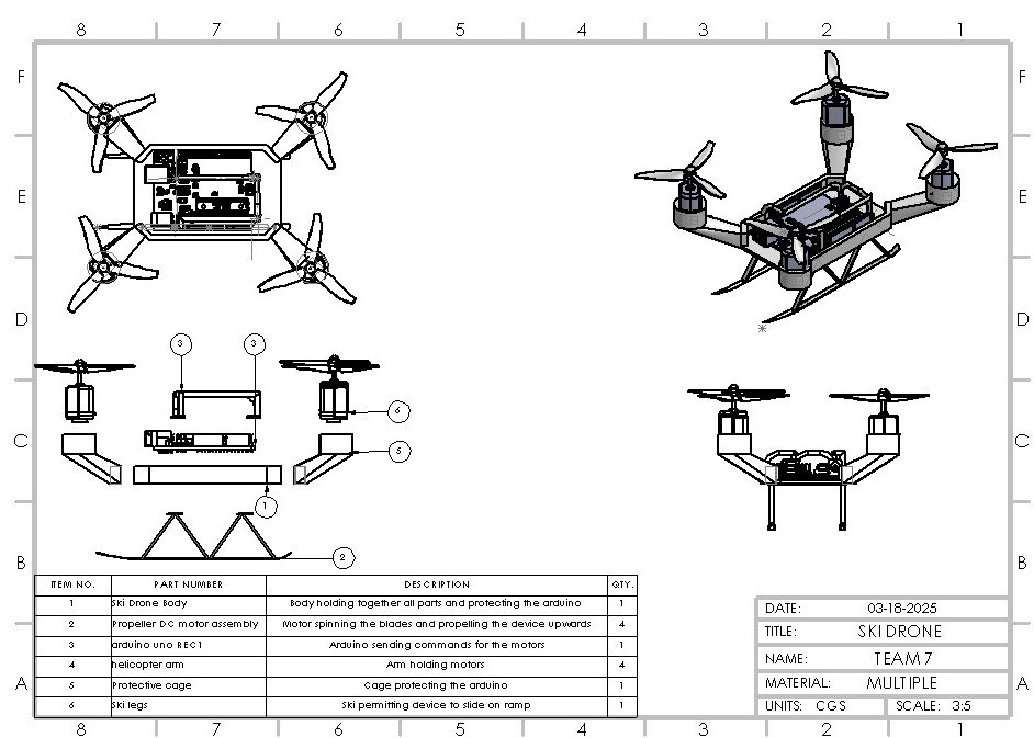 Ski drone assembly drawing with orthographic views, exploded view, and bill of materials